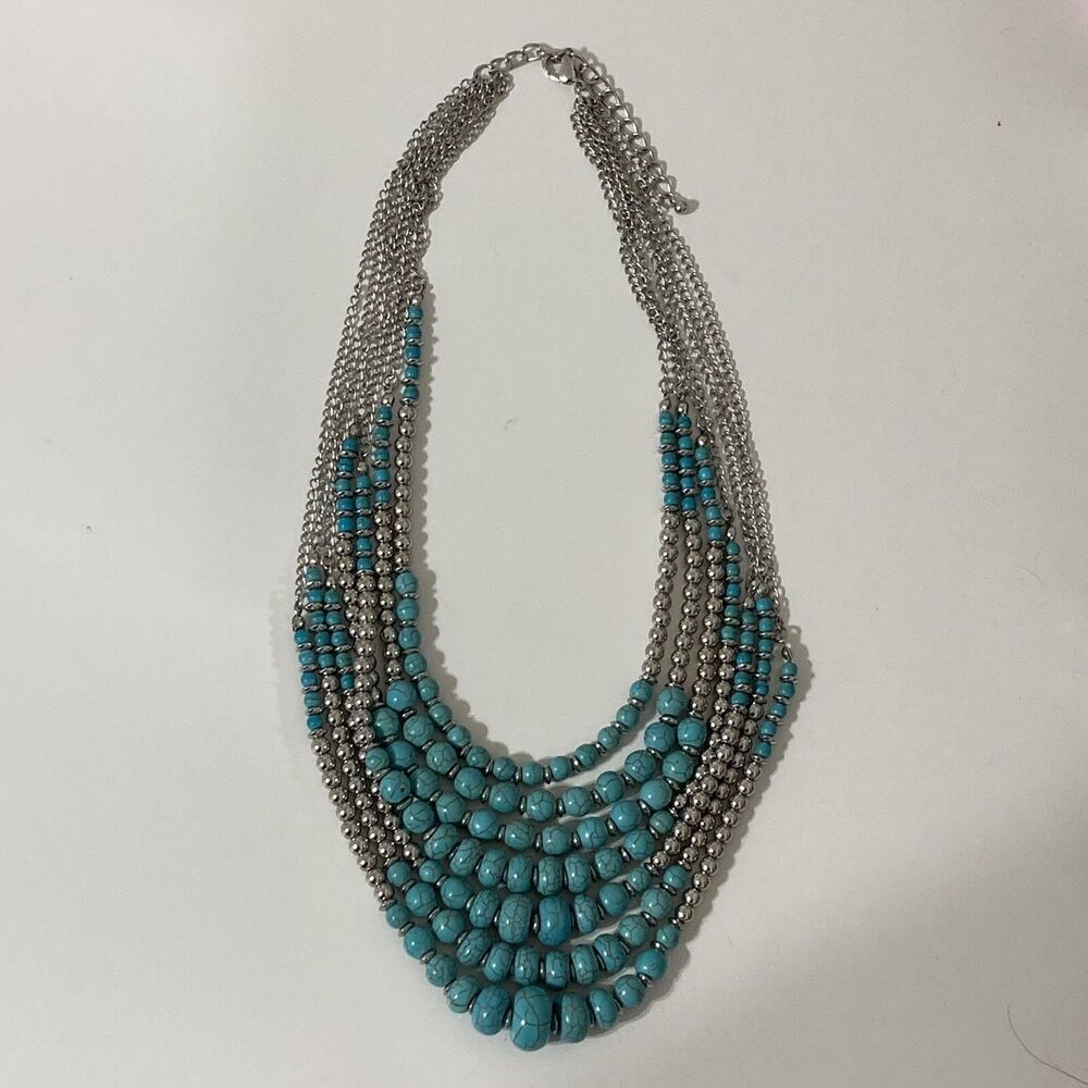 Turquoise Blue 7 Row Multi Layered Necklace Silver Tone Round Beads Chain